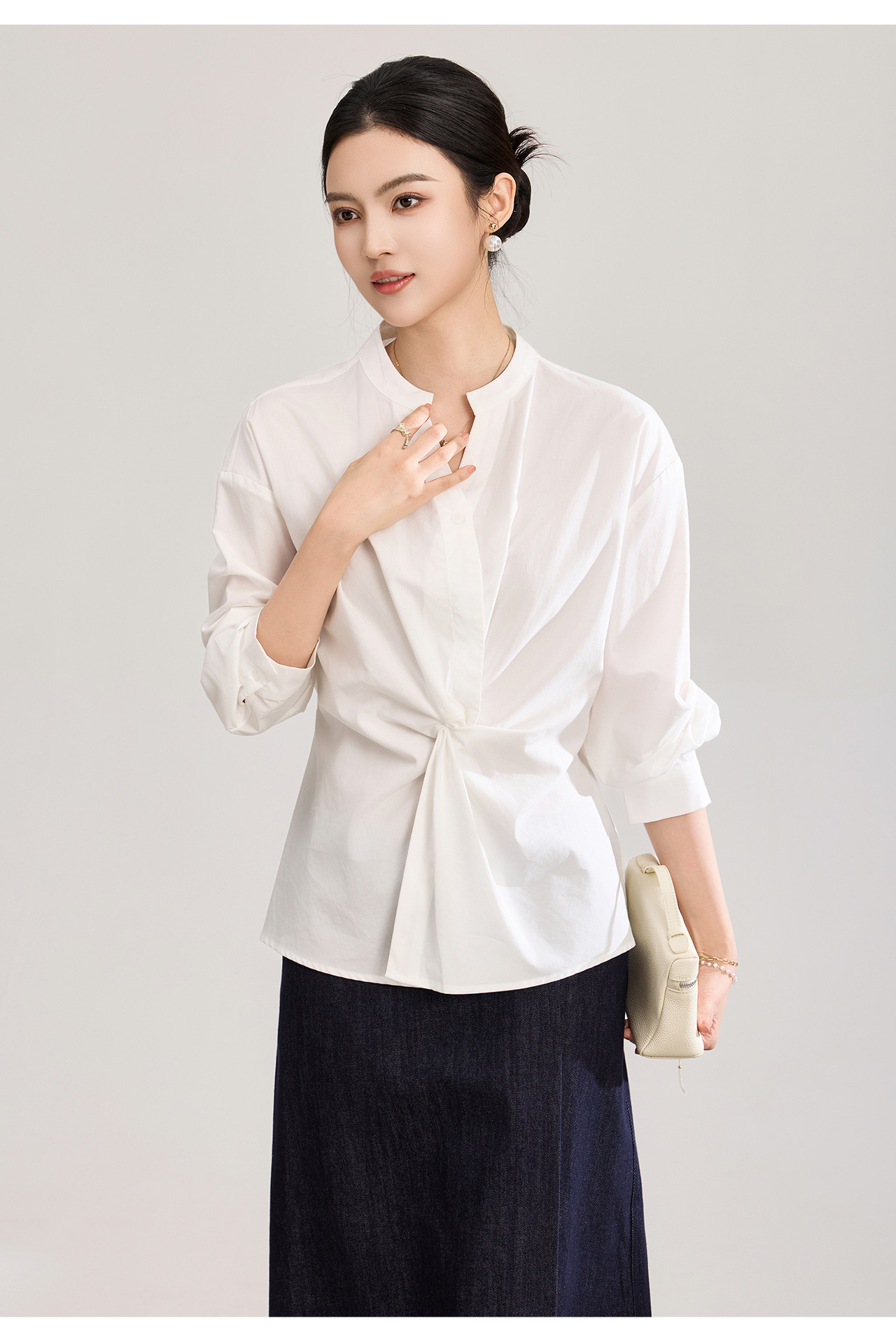 Áo sơ mi nữ dài tay chất lụa tencel phối xoắn thanh lịch — xanh lam chi tiết 19