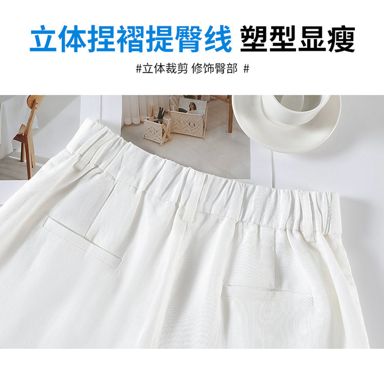 Quần short vải lanh nữ cạp cao ống rộng dáng chữ A — Xanh lông mòng đen chi tiết 36