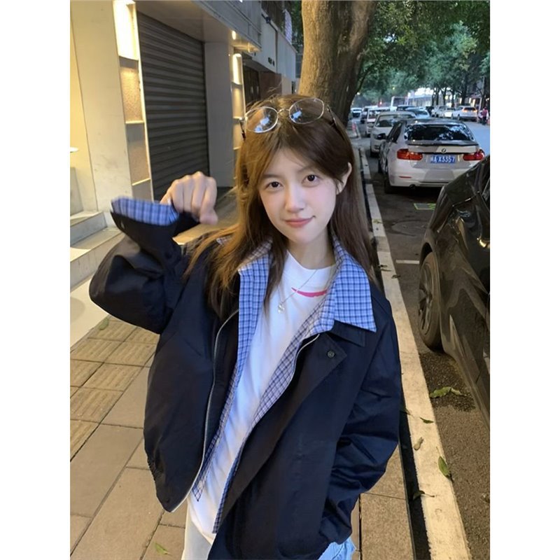 撞色拼接假两件外套女春秋2025新款美式复古宽松情侣翻领开衫夹克