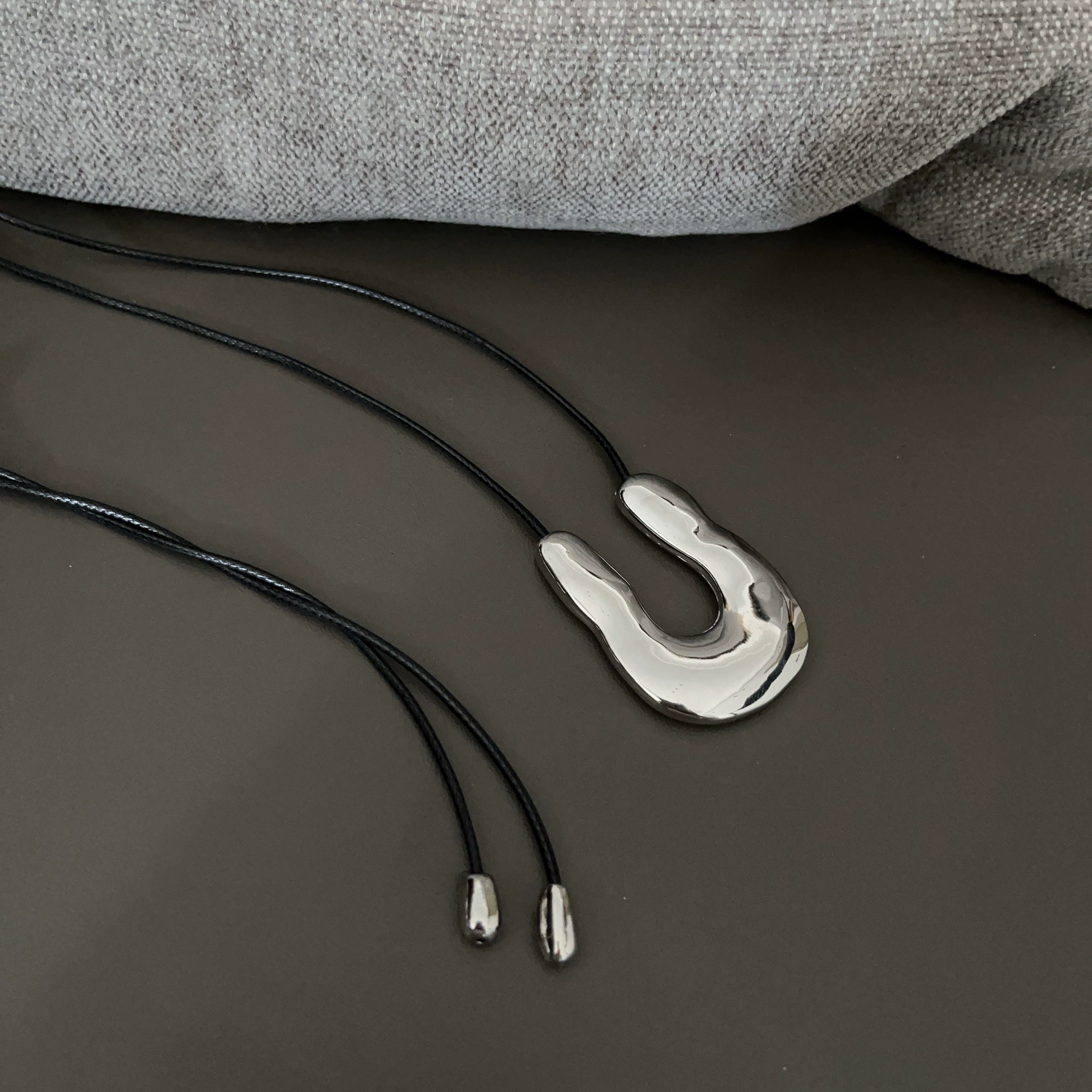 Pendant Necklace, Stainless Steel & Leather Rope, Burgundy/Black/Silver, 7 cm Pendant