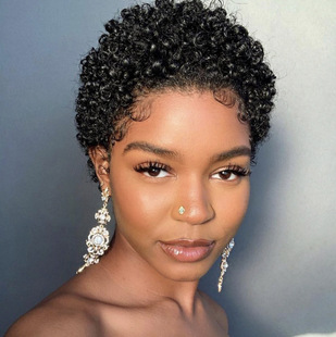 Cross-border wig African women's fashion chemical fiber headgear black short curly hair snail roll mechanism factory direct sales