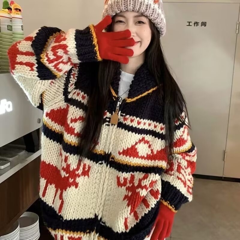 雰囲気感重工クリスマス赤いフェア島ジッパーセーター男女秋冬カップル怠惰なニットセーター|undefined
