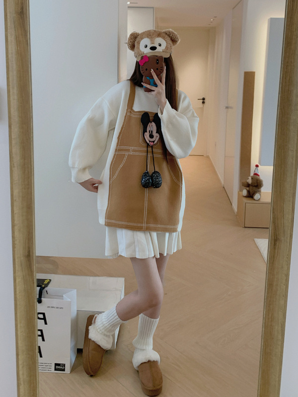 时尚假两件卡通米奇套头毛衣女2025秋冬新款韩版宽松休闲针织外套|undefined