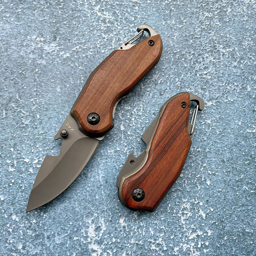 Outdoor Knife Camping Self-defense Knife X48 Folding Knife Multi-functional Bottle Opener Key Knife Portable Mini Wooden Handle Knife