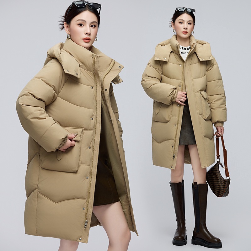 2025 invierno nueva moda suelta moda desmontable sombrero de algodón ropa de mujer larga chaqueta de cintura gruesa transmisión en vivo
