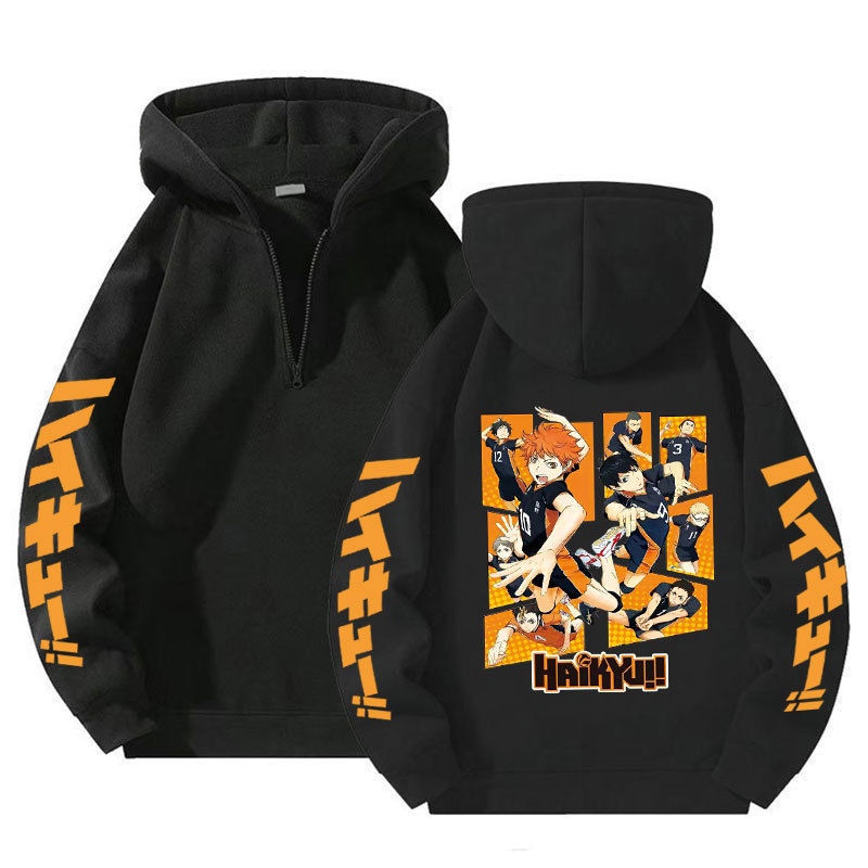 Haikyuu Volleyball Boys Anime Loose Quarter-Zip Hooded Sweatshirt Unisex Hoodies