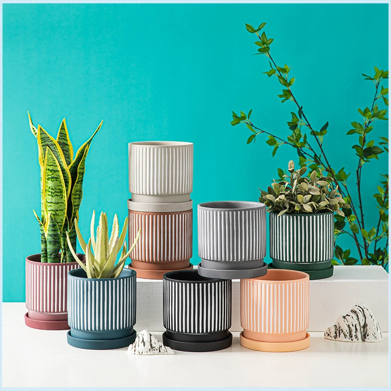 Новый круглый цветочный горшок из керамики в скандинавском стиле, простой и стильный, модный вертикальный узор для суккулентов и тигровой орхидеи, большой комнатный горшок.