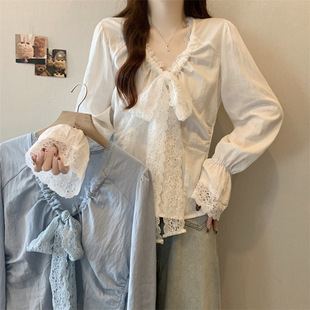 2025 plus size spring French unique lace stitching bow long sleeve shirt chic bell sleeve top