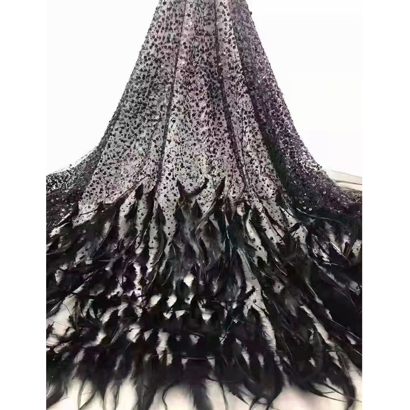 Vestido de lentejuelas con fino estampado floral, estilo europeo y americano, vestido de lentejuelas azules con bordado de plumas, tela con bordado tridimensional.