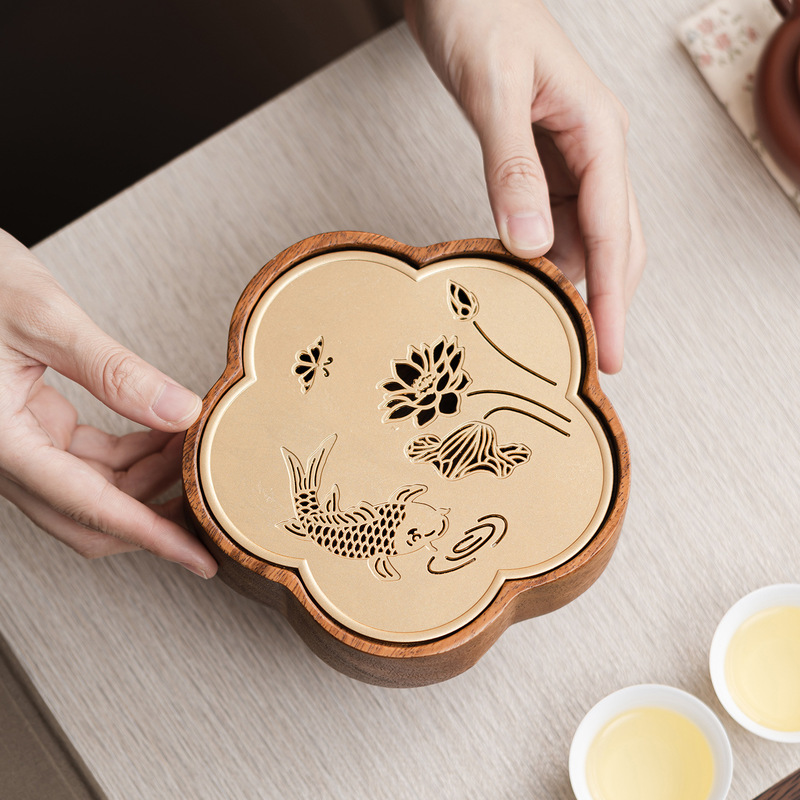 Lotus Carp Wooden Tea Tray Dry Bubble Tray Tea Table Water Storage Tea Sea Small Pot Tea Ceremony Accessories Solid Wood Travel Tea Tray
