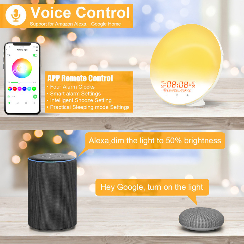 WiFi inteligente APP despertador luz despertador Alexa/Google Home voz multifunción sueño luz colorida de la noche