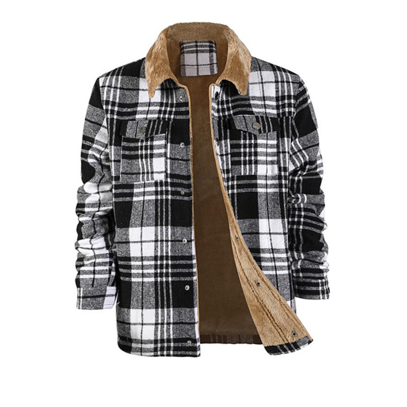 Men's Clothing plaid jacket new flannel long sleeved lapel plus velvet warm loose men's jacket_voghion.com