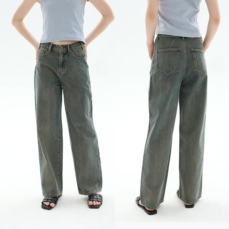 25 Spring New Style Ab Straight High-Waisted Bf Full-Length Boyfriend Pants Fashionable Washed Nano Distressed Blue Denim Long Pants for Women Ins