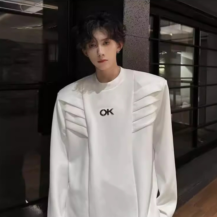 boy Autumn Winter European American High Street Solid Color Design Sense T-shirt Men's Versatile Multi-layer Structure_voghion.com