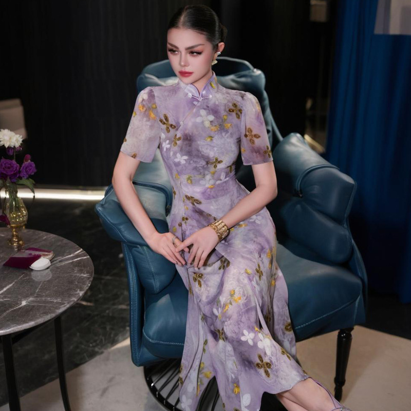 Feimengyi パープルプリント新中国ドレス女性の夏の国民風スタンドカラースリムプリーツ改良されたチャイナドレス|undefined