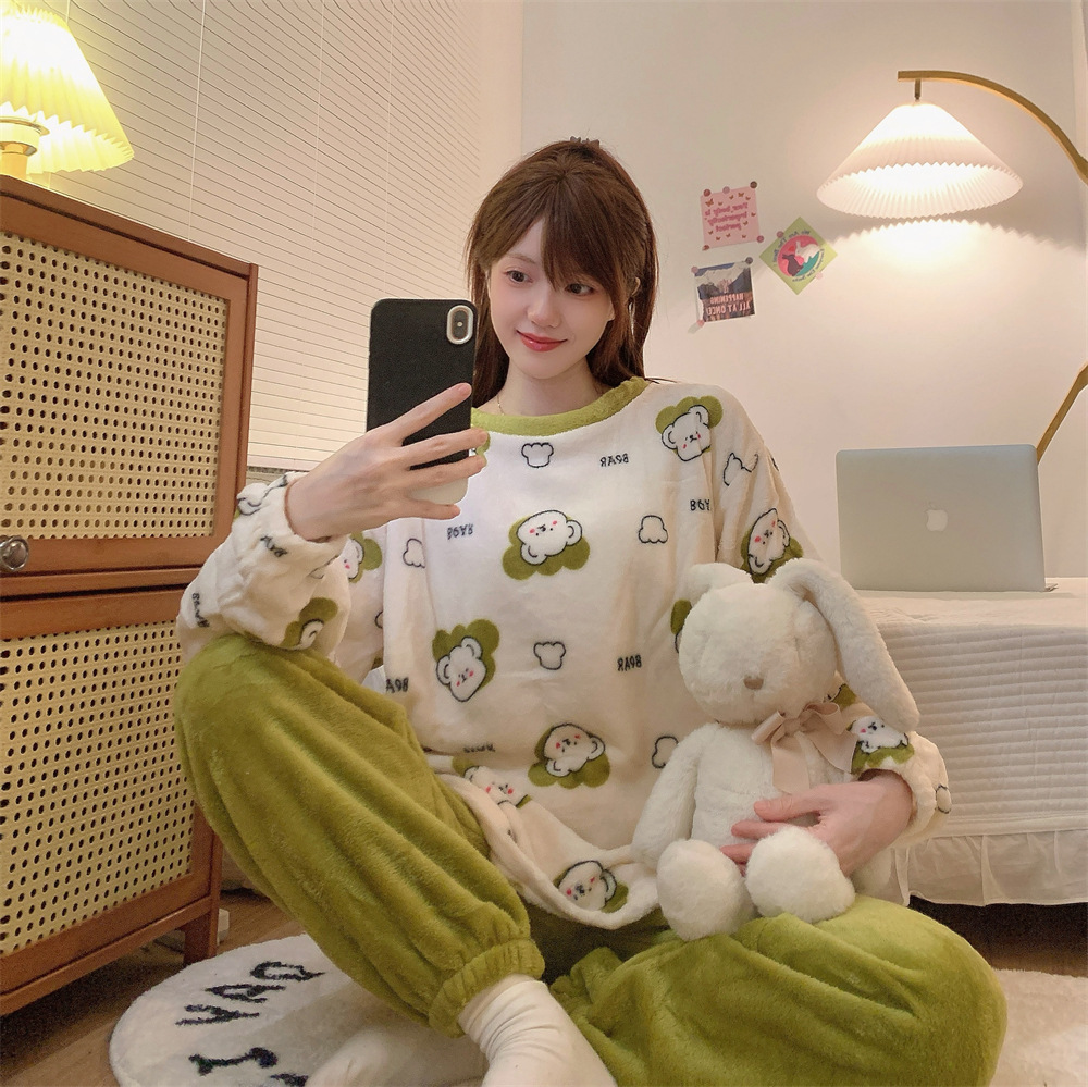 플란넬 파자마 국경 도매 파자마 여성의 가을과 겨울 플란넬 두꺼운 소녀의 홈 의류 세트