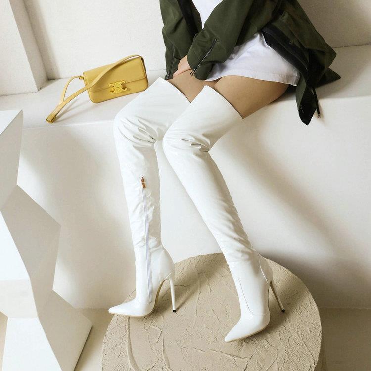 Over the knee boots Women's Red boots Shiny patent leather thigh-high boots Sexy Thigh boots pointy heels_voghion.com