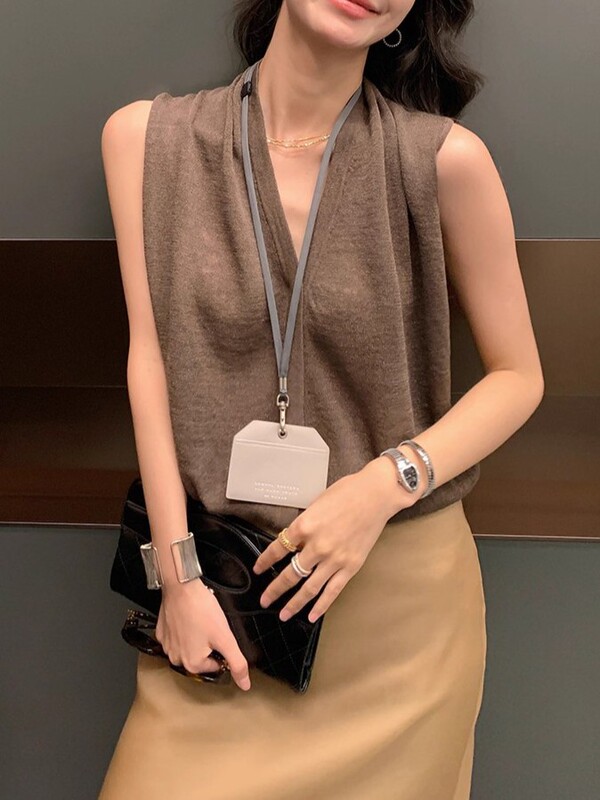 LICKYSENIOR 怒推！亚麻堆堆领背心女夏季V领气质内搭小心机上衣|undefined