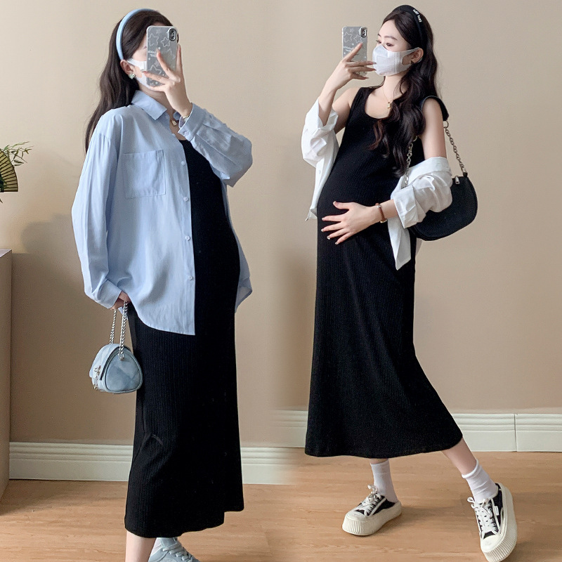 Real Shot of Fashionable Plus Size 2025 Summer New High-Elastic Maternity Vest Dress + Sun Protection Shirt