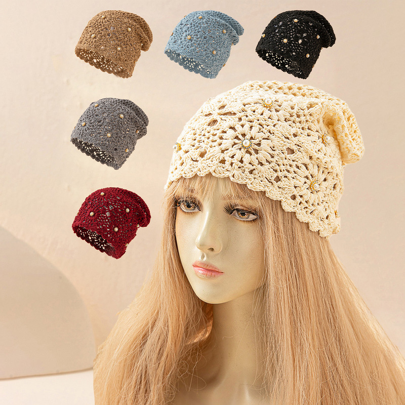 Cross-Border Handmade Heavy-Duty Pearl-Embellished Hollow-Out Headgear for Women, Summer Crochet Headgear, Vintage Face-Slimming Hat Cross-Border Handmade Heavy-Duty Pearl-Embellished Hollow-Out Headgear for Women, Summer Crochet Headgear, Vintage Face-Slimming Hat