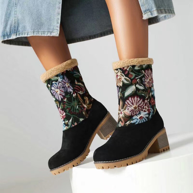 Women's snow boots suede autumn and winter New platform thick heel high heel warm cotton-padded shoes flower stitching autumn and winter