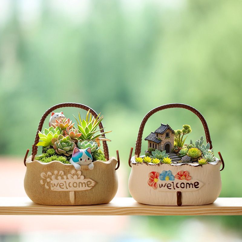 New Combination Portable Basket Succulent Flower Pot Coarse Pottery Pot Ceramic Indoor Succulent Small and Medium Flower Pot Clearance Wholesale Street Stall