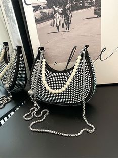2023 New Simple Single Diamond Western Style Trend Pearl Chain Underarm Bag Shoulder Small Bag Personalized Fashion Bag