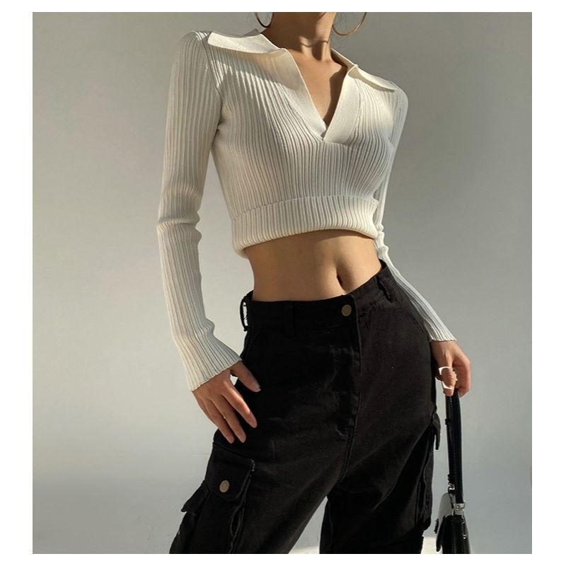 6628 European and American Style Spicy Girl Turn-Down Collar High-Waisted Short 14-Gauge Stretchy Non-Deformable Ribbed Base Shirt Inner Sweater for Women 6628 European and American Style Spicy Girl Turn-Down Collar High-Waisted Short 14-Gauge Stretchy Non-Deformable Ribbed Base Shirt Inner Sweater for Women