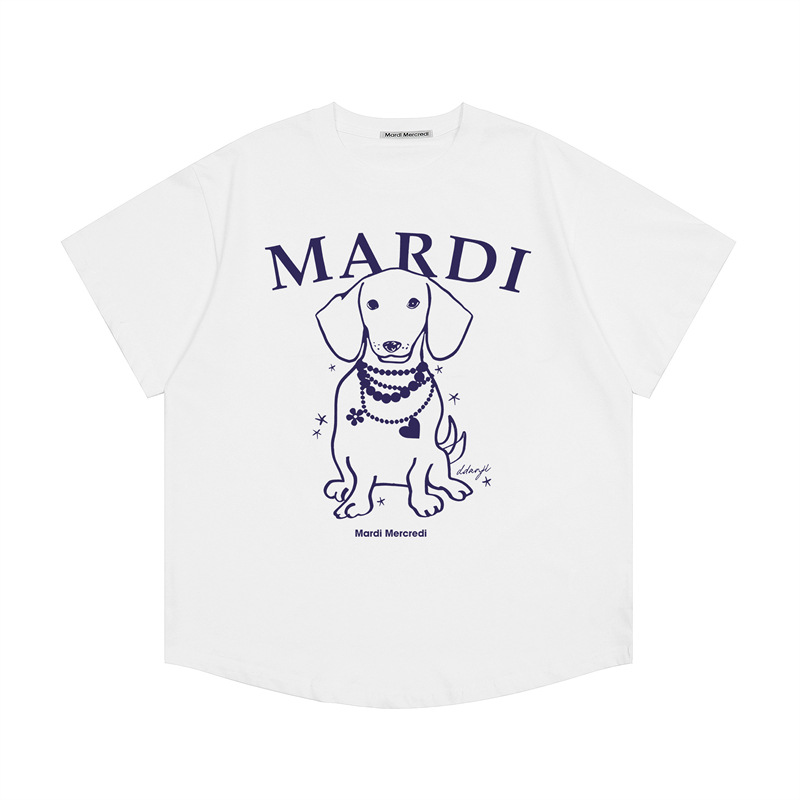 韓国マルディ Tシャツダックスフントレタープリントルーズカジュアルラウンドネック半袖 Tシャツトップ女性用