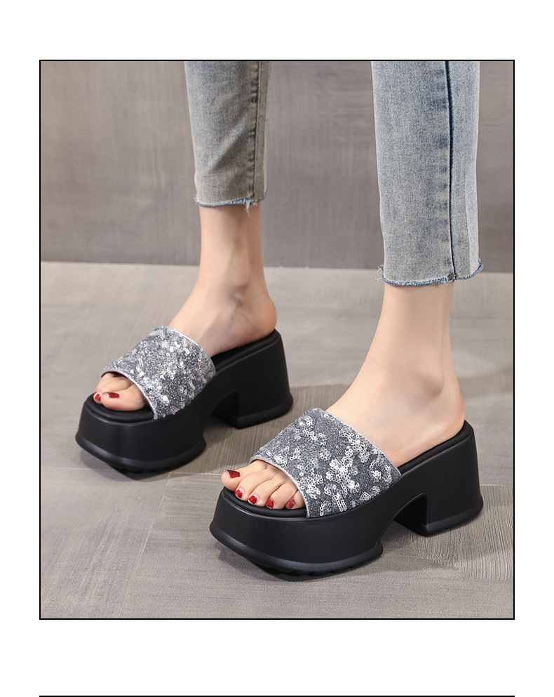 Dép lê hở ngón đính sequin thời trang đế dày độn cao HC9506-11 — Màu đen, Màu bạc chi tiết 16