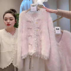 2024秋冬时尚盘扣仿水貂绒针织开衫女软糯设计感甜美毛衣外套花边