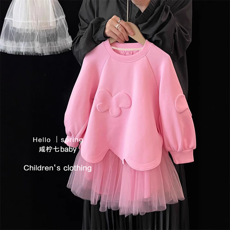 Vestido de niña 2025 primavera nuevo estilo para niños estilo francés diseño dulce sentido malla costura suéter falda vestido de princesa