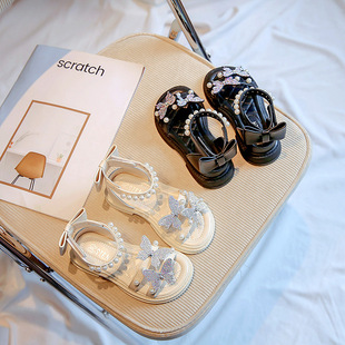 Girls' rhinestone sandals 2024 summer new style princess shoes girl's bag heel roman shoes children's beach shoes