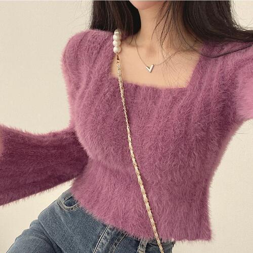 Soft waxy square collar mink fluffy clothes for women, Korean style pure desire short knitted shirt, temperament slim inner top for autumn and winter