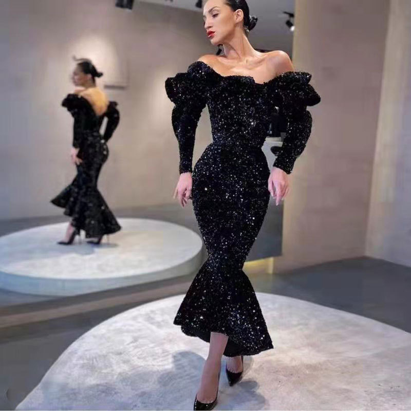 Europa y América Amazon AliExpress deseo mujeres Comercio exterior vestido de noche hermoso elegante sexy manga larga vestido de lentejuelas