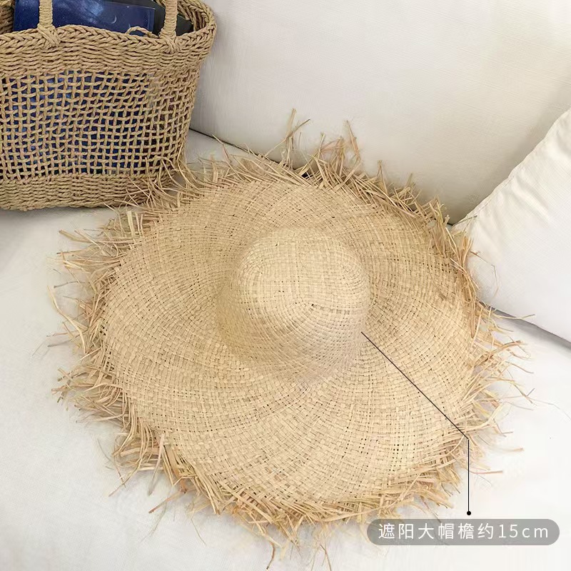 Summer Ins Style Wide Brim Frayed Raffia Straw Hat For Women, Beach Sun Hat For Travel And Vacation - Thumbnail 7