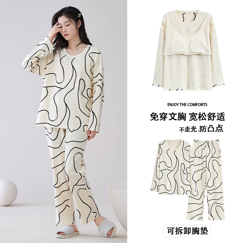 Pijama de algodón de manga larga para mujer con almohadilla en el pecho traje de otoño 2023 nuevas mujeres dulces talla grande homewear