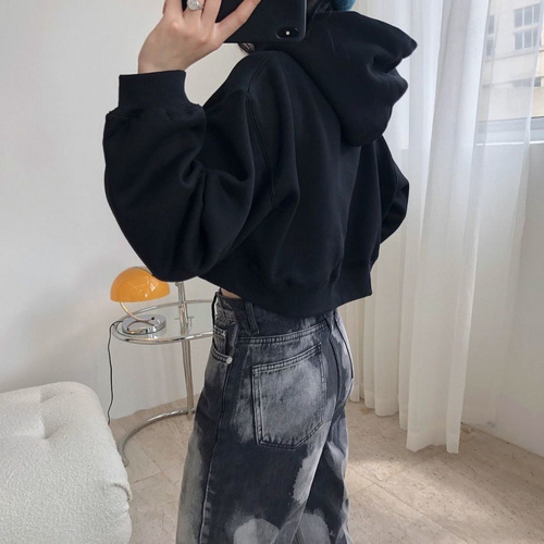Heavyweight Hooded Sweatshirt Spring Trend New Loose Short Person Plain Color Outerwear Short Sleeve Versatile Top