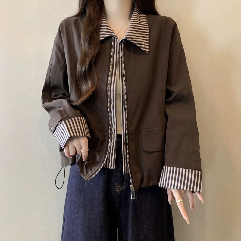 Stylish short jacket cardigan for women, spring/autumn 2026, plus size, faux two-piece striped patchwork top Stylish short jacket cardigan for women, spring/autumn 2026, plus size, faux two-piece striped patchwork top