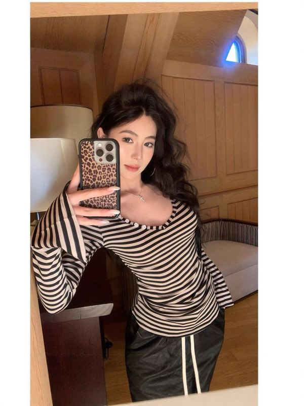 【工厂现货】撞色条纹弹力v领长袖T恤女秋季修身打底衫辣妹上衣|undefined