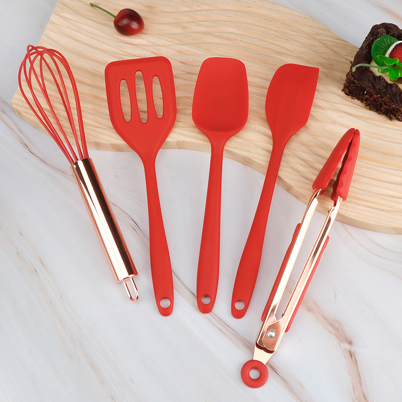 Silicone kitchenware 5-piece set Rose gold children's cooking spoon spatula food clip egg beater baking tool set