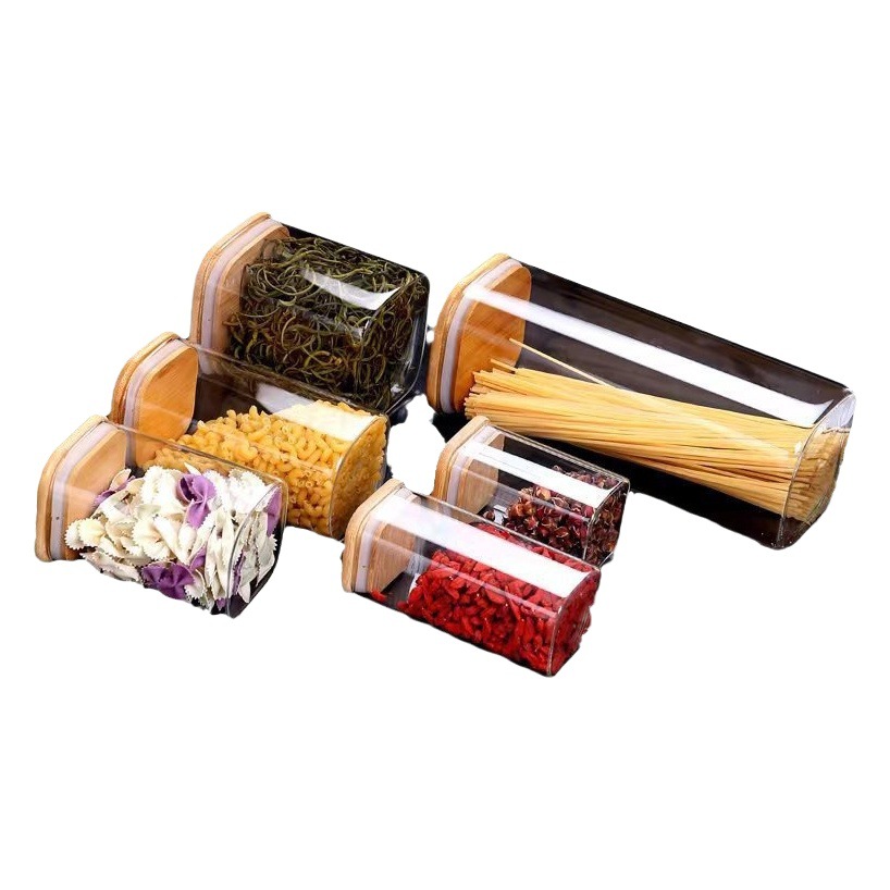 Al por mayor tarro de almacenamiento de vidrio cuadrado tarro de almacenamiento de granos transparentes tarro de té fruta almacenamiento de alimentos frasco sellado Cocina