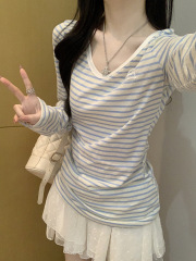 慵懒感miu系蓝色V领条纹防晒长袖T恤女秋季新款宽松薄款罩衫上衣
