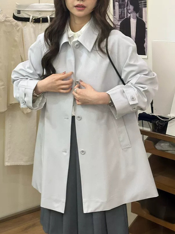 不退不换2025秋季新款韩版宽松纯色显瘦翻领单排扣中长款风衣外套|undefined