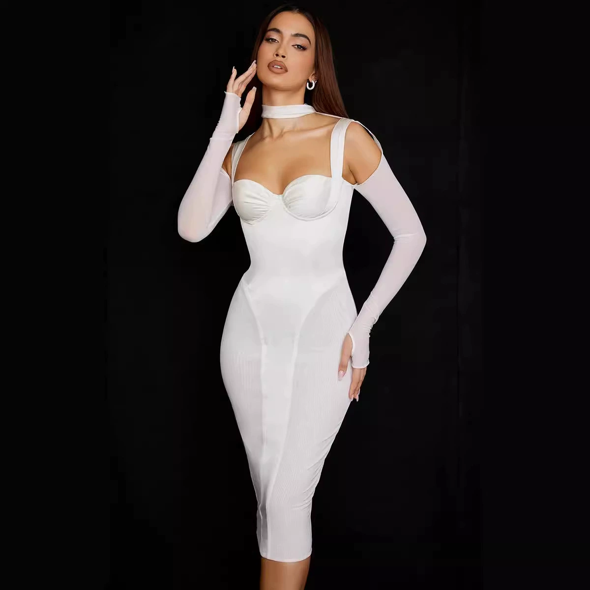 Amazon AliExpress Лидер продаж Бандажная юбка Европейская и американская мода Платье с длинным рукавом и v-образным вырезом Весенне-осеннее элегантное вечернее платье