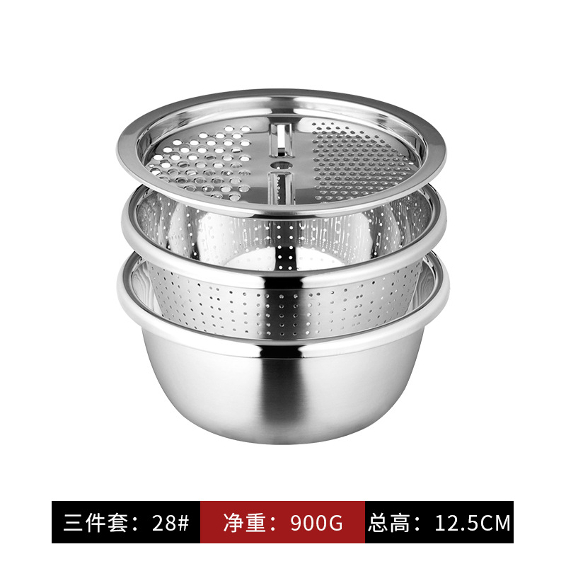 Cuenco multifuncional de acero inoxidable engrosado para lavar verduras, cesta de drenaje, tazón para cortar, utensilio de cocina, colador, tamiz para arroz, juego de tres piezas.