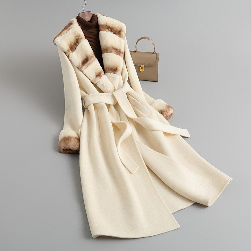 렉스 래빗 모피 칼라 양면 캐시미어 코트 여성 가을 및 겨울 하이 엔드 중간 길이의 모피 양면 양모 코트