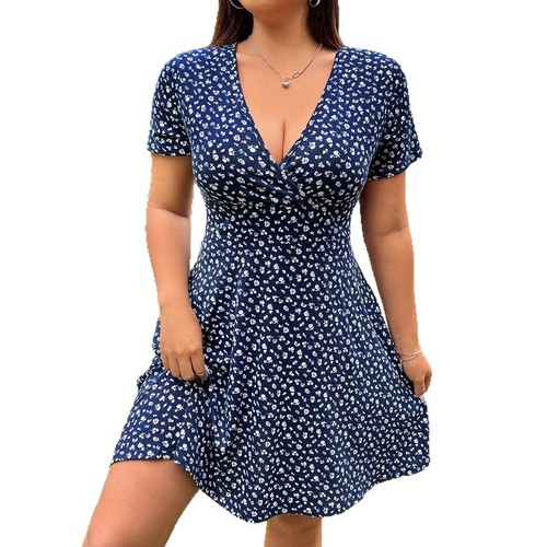 2025 Amazon Europe and America Cross-border 2025 Summer New Women's Printed Short-sleeve Dress Women's Style V-neck Small Flowers