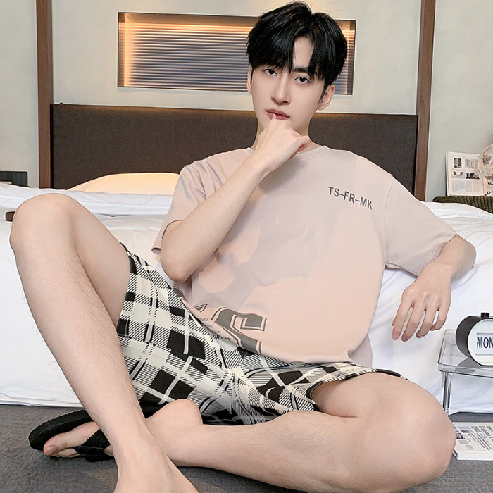 2024 algodón de punto de verano 6535 hombre cuello redondo mangas cortas pantalones cortos pijamas sueltos ropa casera casera