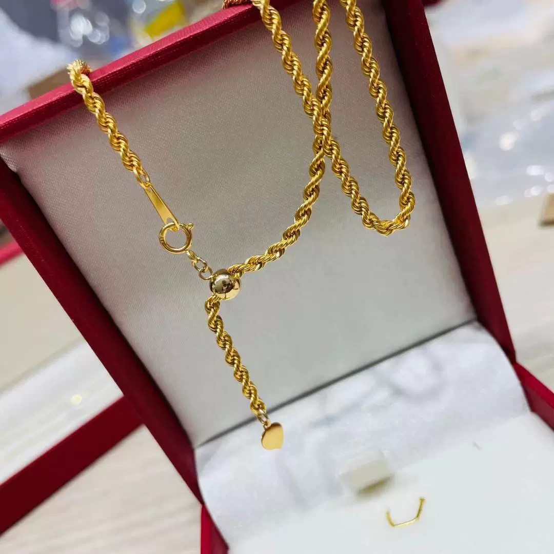18K金项链麻绳链项链女AU750彩金链子显粗麻绳抽拉调节扭绳链长链